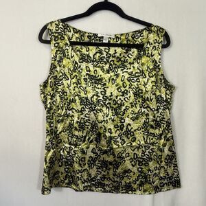 St. John Green Black Animal Print Sleeveless Scoop Neck Silk Tank Top Women's L